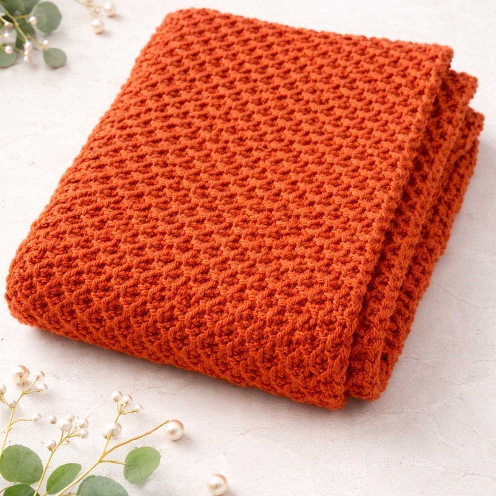 Handmade Orange Textured Knit Throw Blanket